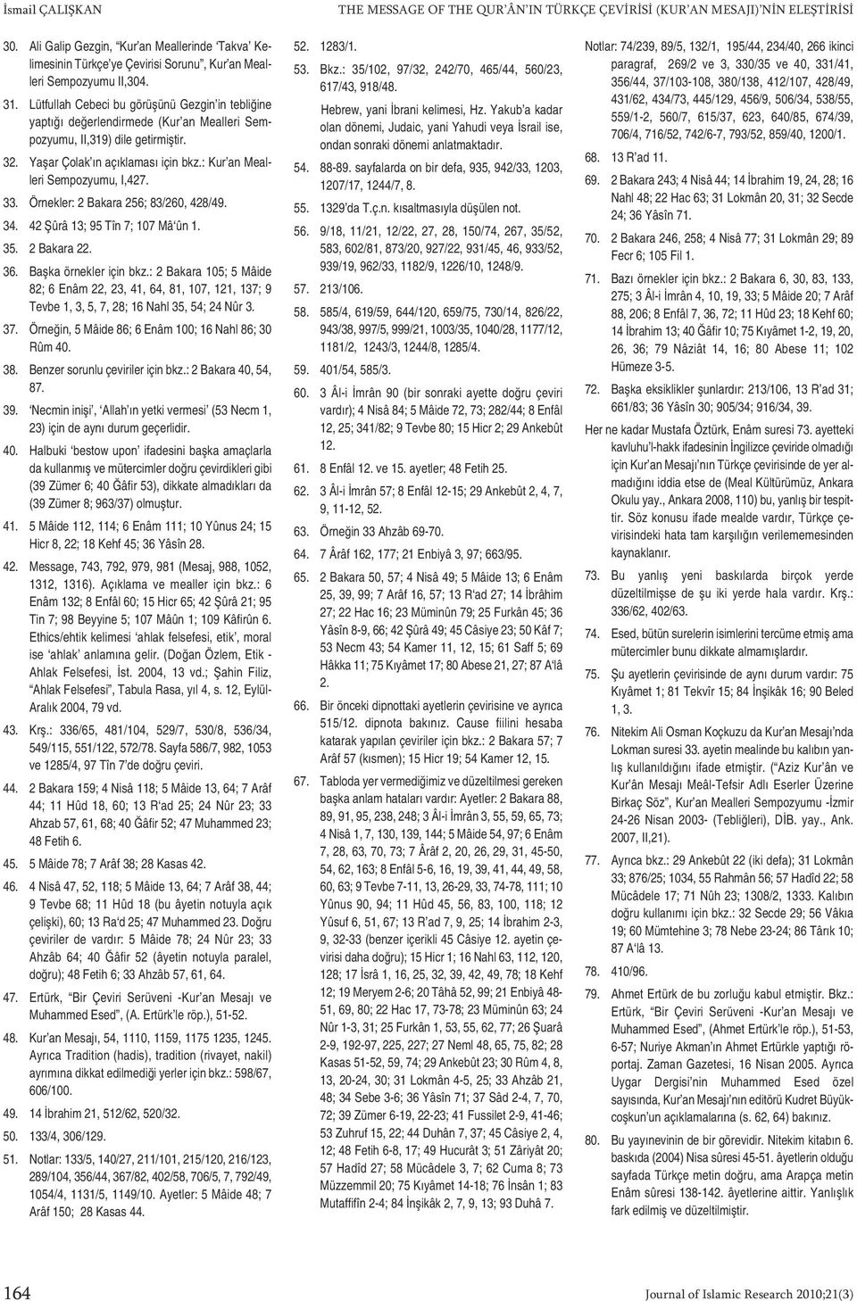 Lütfullah Cebeci bu görüşünü Gezgin in tebliğine yaptığı değerlendirmede (Kur an Mealleri Sempozyumu, II,319) dile getirmiştir. 32. Yaşar Çolak ın açıklaması için bkz.