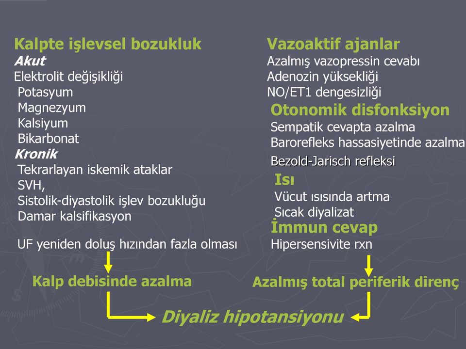 Adenozin yüksekliği NO/ET1 dengesizliği Otonomik disfonksiyon Sempatik cevapta azalma Barorefleks hassasiyetinde azalma Bezold-Jarisch