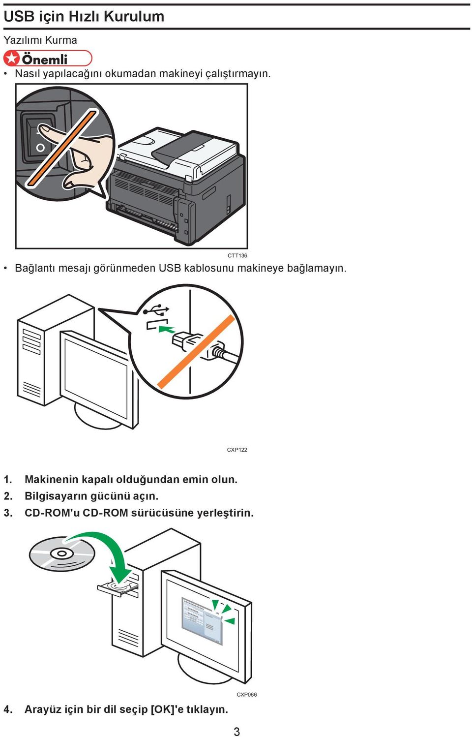 CXP122 1. Makinenin kapalı olduğundan emin olun. 2. Bilgisayarın gücünü açın. 3.