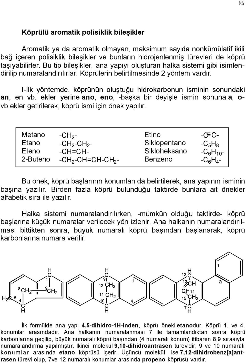 I-İlk yöntemde, köprünün oluştuğu hidrokarbonun isminin sonundaki an, en vb. ekler yerine ano, eno, -başka bir deyişle ismin sonuna a, o- vb.ekler getirilerek, köprü ismi için önek yapılır.