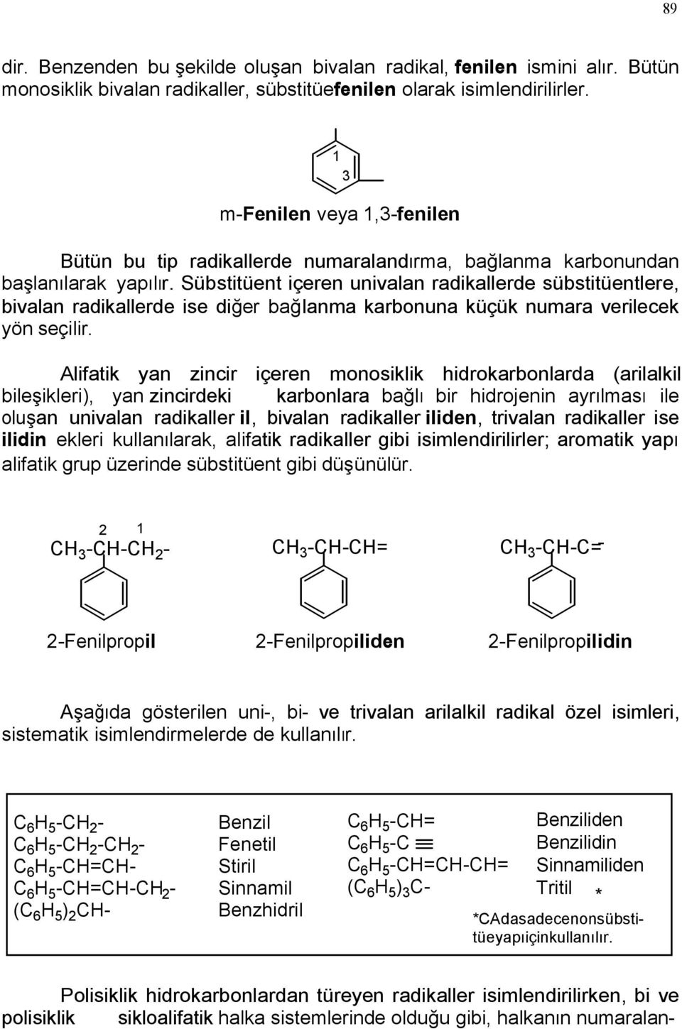 Sübstitüent içeren univalan radikallerde sübstitüentlere, bivalan radikallerde ise diğer bağlanma karbonuna küçük numara verilecek yön seçilir.