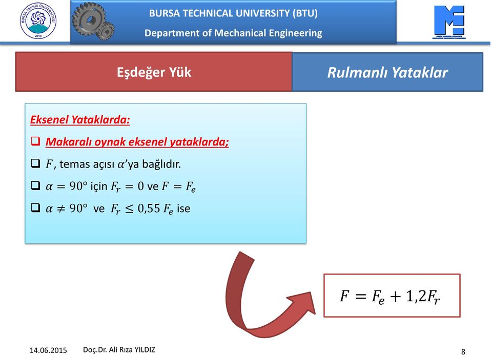 α = 90 için F r = 0 ve F = F e α 90 ve F r 0,55