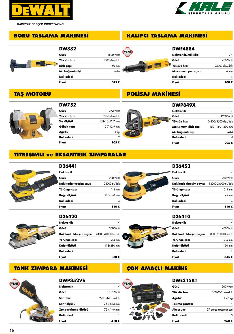 9 mm 11 kg Koli adedi 2 Fiyat 105 DWP849X Elektronik Gc 1250 Watt Yksz hızı 0-600/3500 dev/dak Maksimum disk çapı 150-180 - 230 mm Mil bağlantı dişi M14 Fiyat 205 TİTREŞİMLİ ve EKSANTRİK ZIMPARALAR