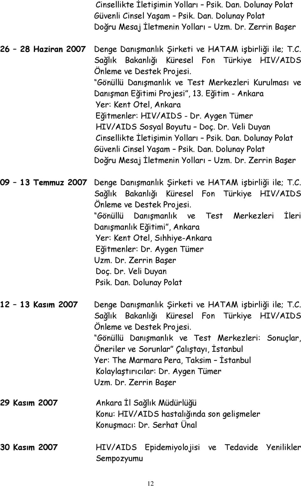 Gönüllü Danışmanlık ve Test Merkezleri İleri Danışmanlık Eğitimi, Ankara Yer: Kent Otel, Sıhhiye-Ankara Eğitmenler: Uzm. Dr. Zerrin Başer Doç. Dr. Veli Duyan Psik. Dan. Dolunay Polat 12 13 Kasım 2007 Denge Danışmanlık Şirketi ve HATAM işbirliği ile; T.