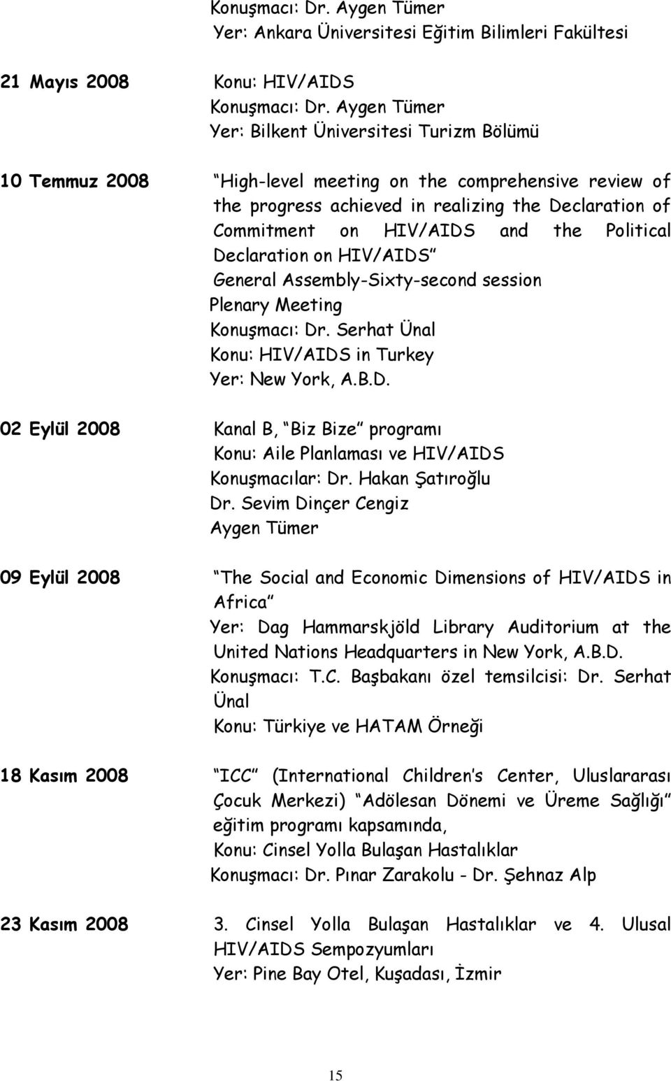 Serhat Ünal in Turkey Yer: New York, A.B.D. 02 Eylül 2008 Kanal B, Biz Bize programı Konu: Aile Planlaması ve HIV/AIDS Konuşmacılar: Dr. Hakan Şatıroğlu Dr.