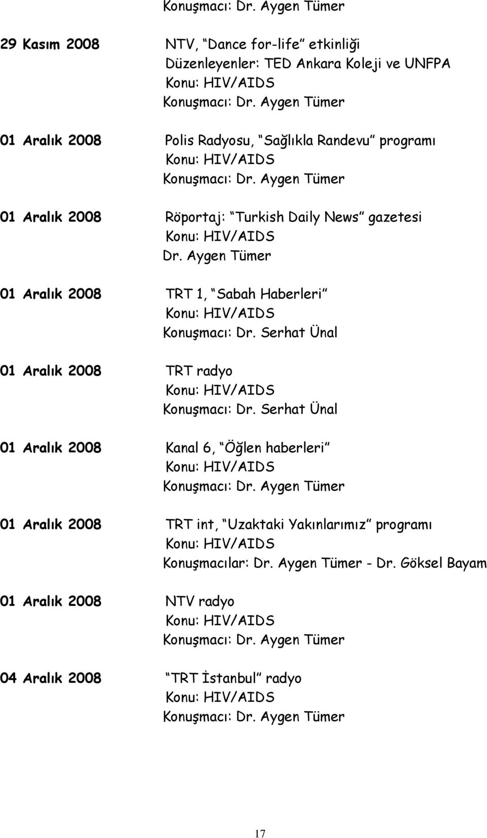 Serhat Ünal 01 Aralık 2008 TRT radyo Konuşmacı: Dr.