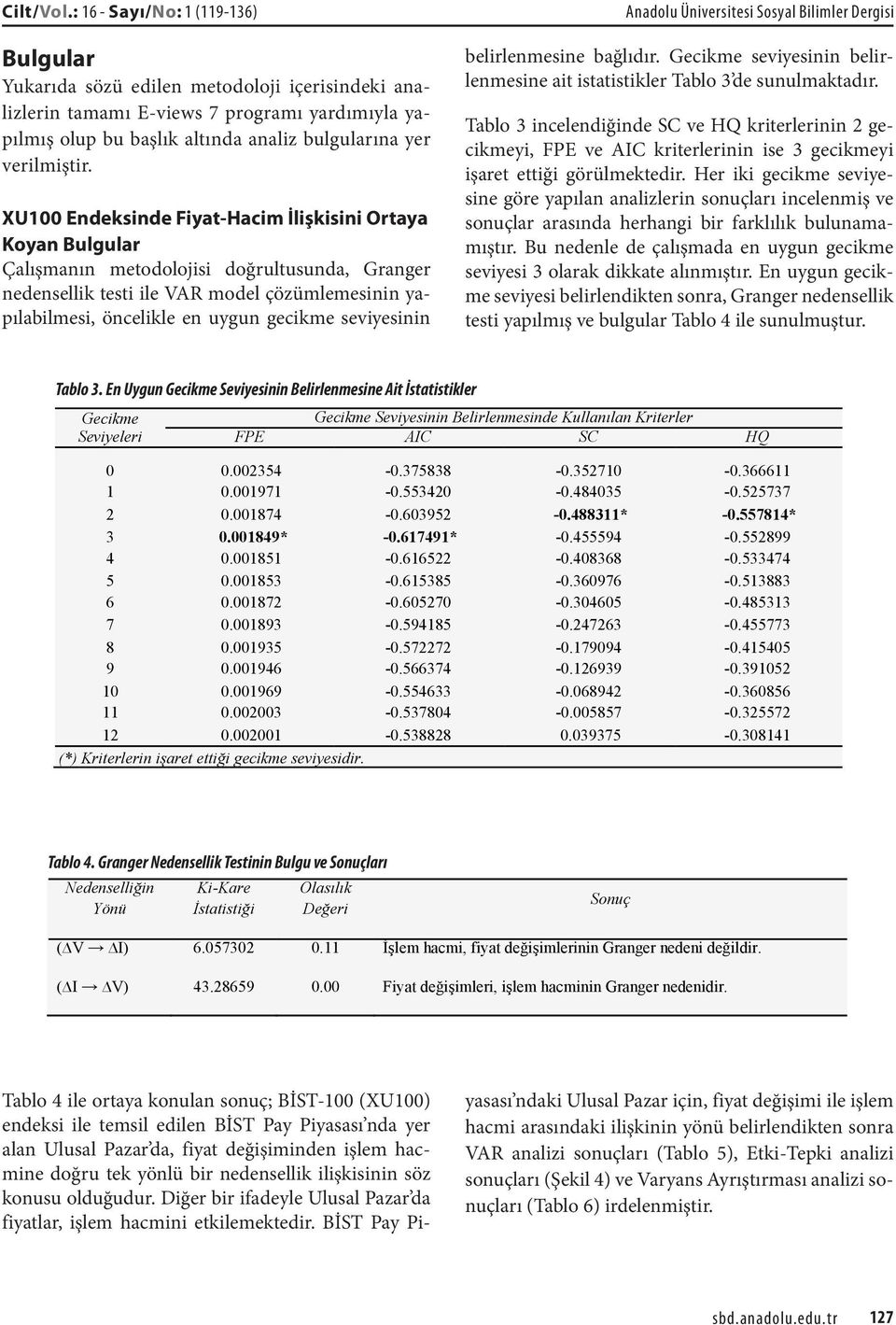 XU100 Endeksinde Fiyat-Hacim İlişkisini Ortaya Koyan Bulgular Çalışmanın metodolojisi doğrultusunda, Granger nedensellik testi ile VAR model çözümlemesinin yapılabilmesi, öncelikle en uygun gecikme