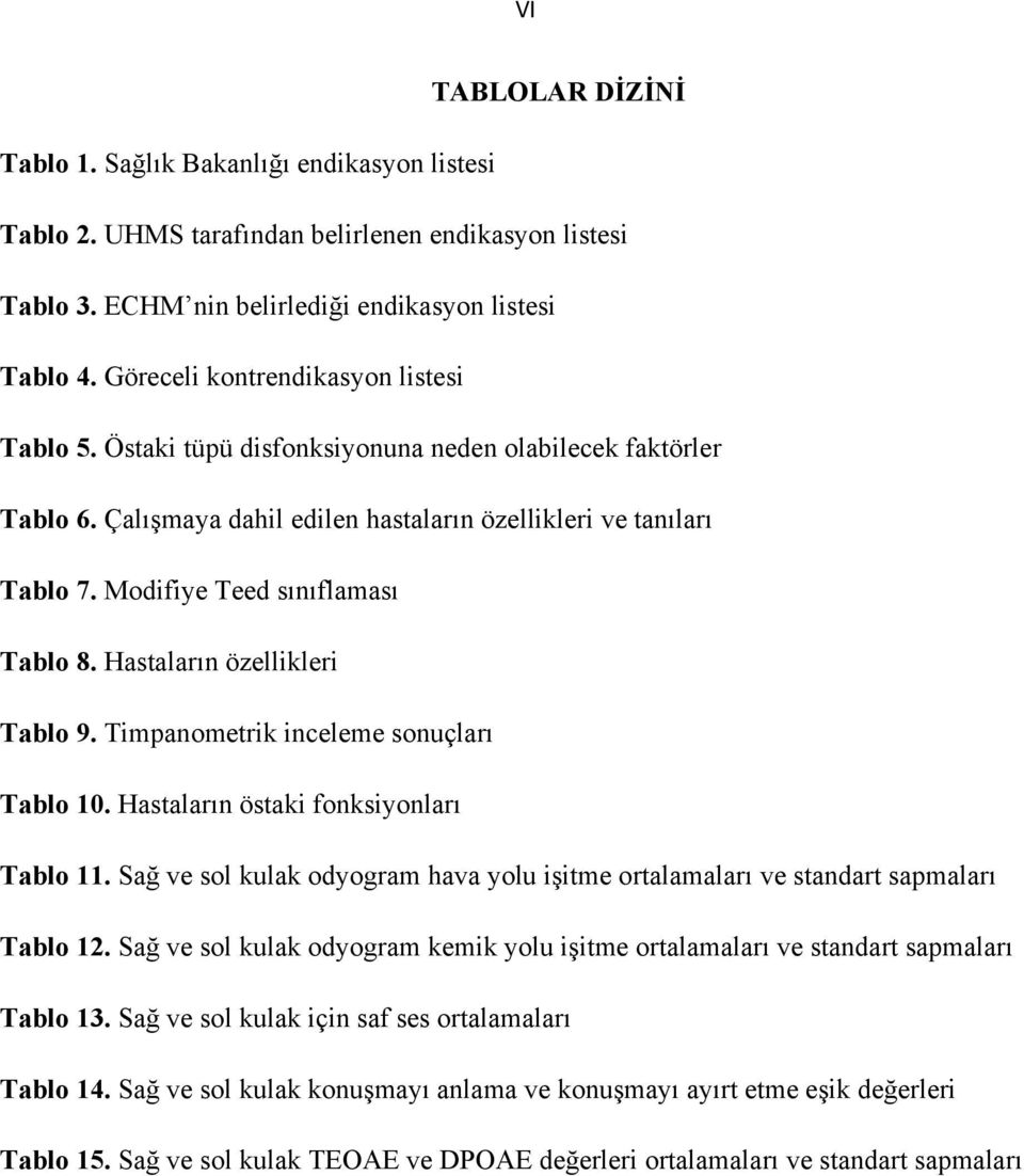 Modifiye Teed sınıflaması Tablo 8. Hastaların özellikleri Tablo 9. Timpanometrik inceleme sonuçları Tablo 10. Hastaların östaki fonksiyonları Tablo 11.