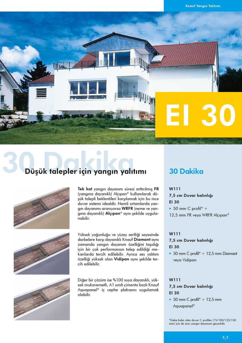 W111 7,5 cm Duvar kalınlığı EI 30 50 mm C profil* + 12,5 mm FR veya WRFR Alçıpan Yüksek yoğunluğu ve yüzey sertliği sayesinde darbelere karşı dayanıklı Knauf Diamant aynı zamanda yangın dayanım