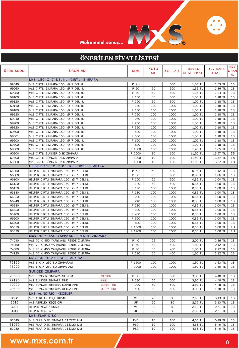 Ø 7 DELİKLİ P 80 50 500 1,05 TL 1,24 TL 18 69100 MxS CIRTLI ZIMPARA 150 Ø 7 DELİKLİ P 100 50 500 1,00 TL 1,18 TL 18 69120 MxS CIRTLI ZIMPARA 150 Ø 7 DELİKLİ P 120 50 500 1,00 TL 1,18 TL 18 69150 MxS