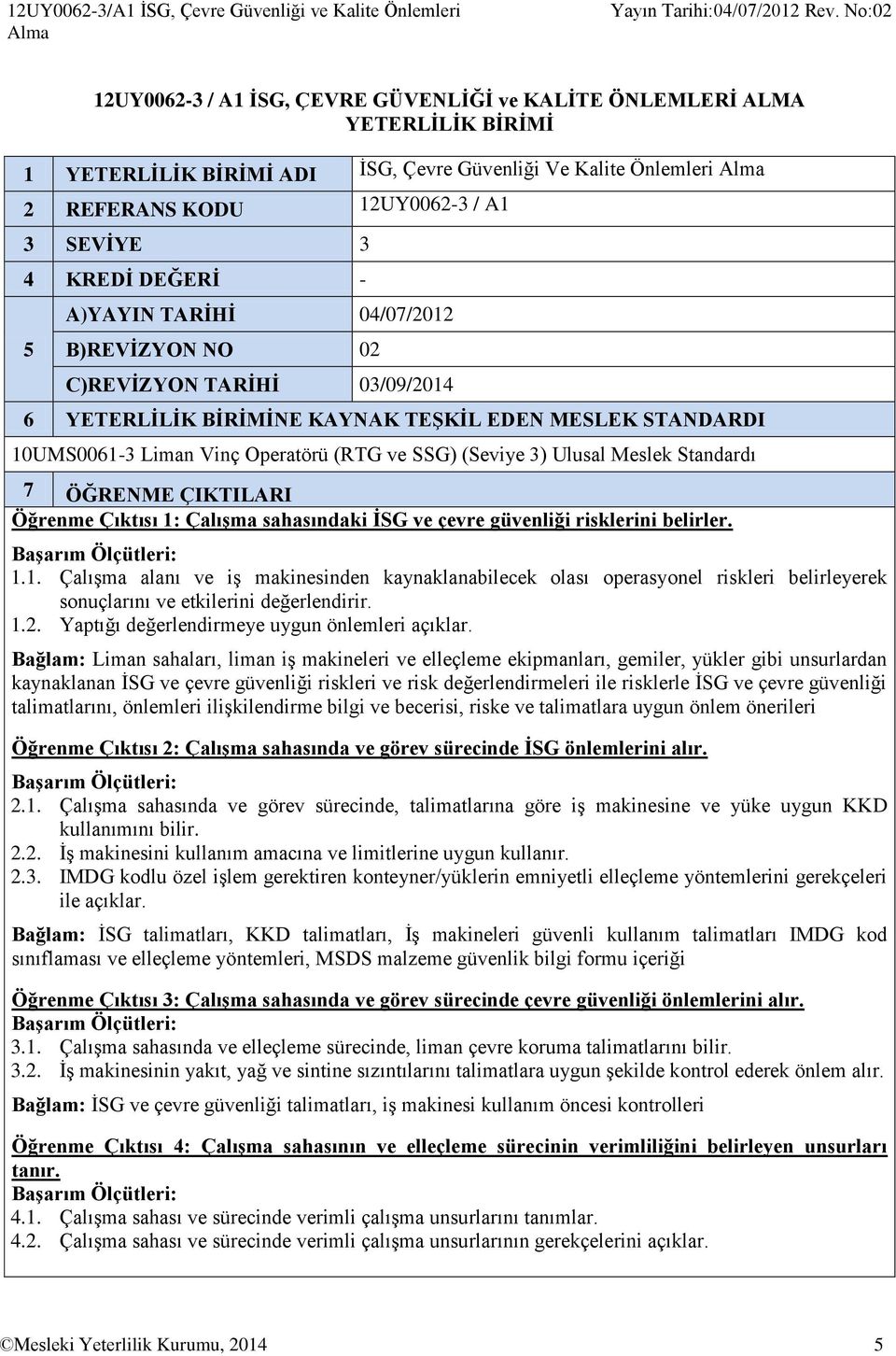 4 KREDİ DEĞERİ - A)YAYIN TARİHİ 04/07/2012 5 B)REVİZYON NO 02 C)REVİZYON TARİHİ 03/09/2014 6 YETERLİLİK BİRİMİNE KAYNAK TEŞKİL EDEN MESLEK STANDARDI 10UMS0061-3 Liman Vinç Operatörü (RTG ve SSG)