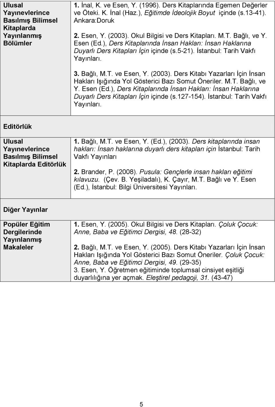 İstanbul: Tarih Vakfı Yayınları. 3. Bağlı, M.T. ve Esen, Y. (2003). Ders Kitabı Yazarları İçin İnsan Hakları Işığında Yol Gösterici Bazı Somut Öneriler. M.T. Bağlı, ve Y. Esen (Ed.