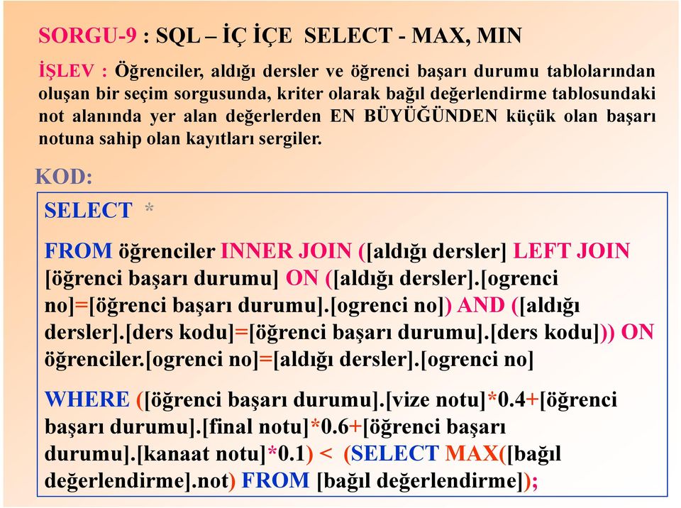 SELECT * FROM öğrenciler INNER JOIN ([aldığı dersler] LEFT JOIN [öğrenci başarı durumu] ON ([aldığı dersler].[ogrenci no]=[öğrenci başarı durumu].[ogrenci no]) AND ([aldığı dersler].