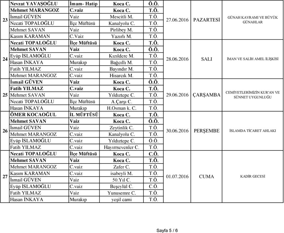 T.Ö. Mehmet MARANGOZ C.vaiz Hisarcık M. T.Ö. Fatih YILMAZ C.vaiz Koca C. T.Ö. 25 Mehmet SAVAN Vaiz Yıldıztepe C. T.Ö. 29.06.2016 ÇARŞAMBA Necati TOPALOĞLU İlçe Müftüsü A.Çarşı C. T.Ö. Hasan İNKAYA Murakıp H.