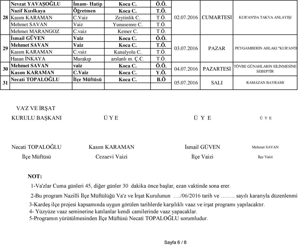 Vaiz Koca C. Y.Ö. SEBEPTİR 31 Necati TOPALOĞLU İlçe Müftüsü Koca C. B.Ö 05.07.