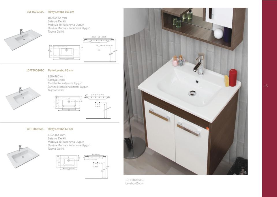 Kullanıma Uygun Duvara Montajlı Kullanıma Uygun Taşma Delikli 13 10FT50065EC Flatty Lavabo 65 cm 653X464