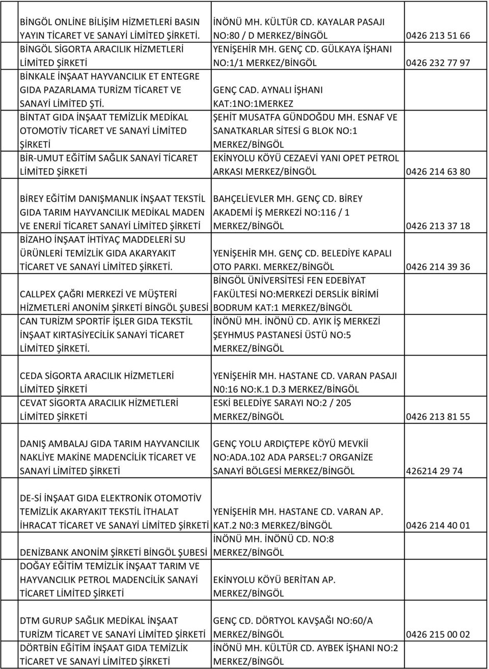 GÜLKAYA İŞHANI NO:1/1 0426 232 77 97 GENÇ CAD. AYNALI İŞHANI KAT:1NO:1MERKEZ ŞEHİT MUSATFA GÜNDOĞDU MH.