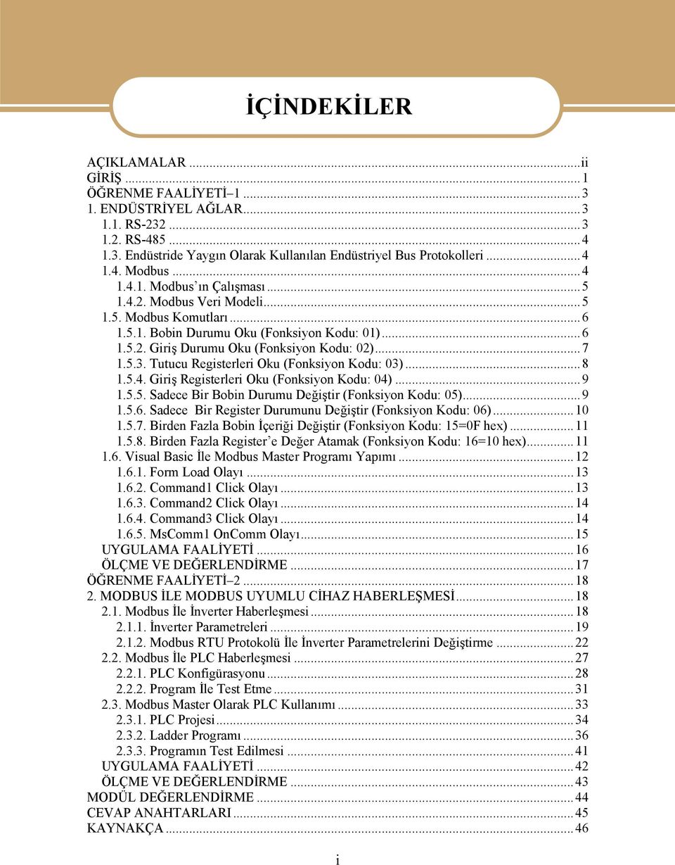 Tutucu Registerleri Oku (Fonksiyon Kodu: 03)...8 1.5.4. Giriş Registerleri Oku (Fonksiyon Kodu: 04)...9 1.5.5. Sadece Bir Bobin Durumu Değiştir (Fonksiyon Kodu: 05)...9 1.5.6.