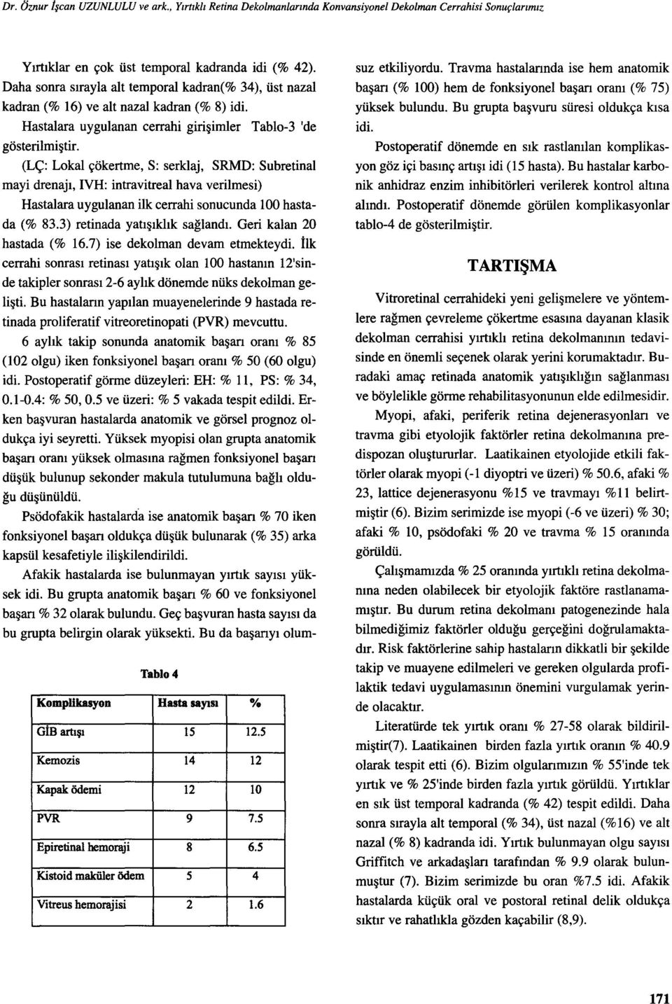 Tablo-3 'de (LÇ: Lokal çökertme, S: serklaj, SRMD: Subretinal mayi drenajı, IVH: intravitreal hava verilmesi) Hastalara uygulanan ilk cerrahi sonucunda 100 hastada (% 83.