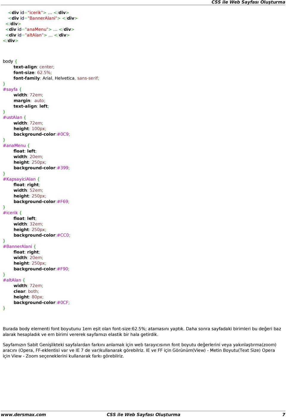 background-color:#399; #KapsayiciAlan { ﬂoat: right; width: 52em; background-color:#f69; #icerik { ﬂoat: left; width: 32em; background-color:#cc0; #BannerAlani { ﬂoat: right; width: 20em;