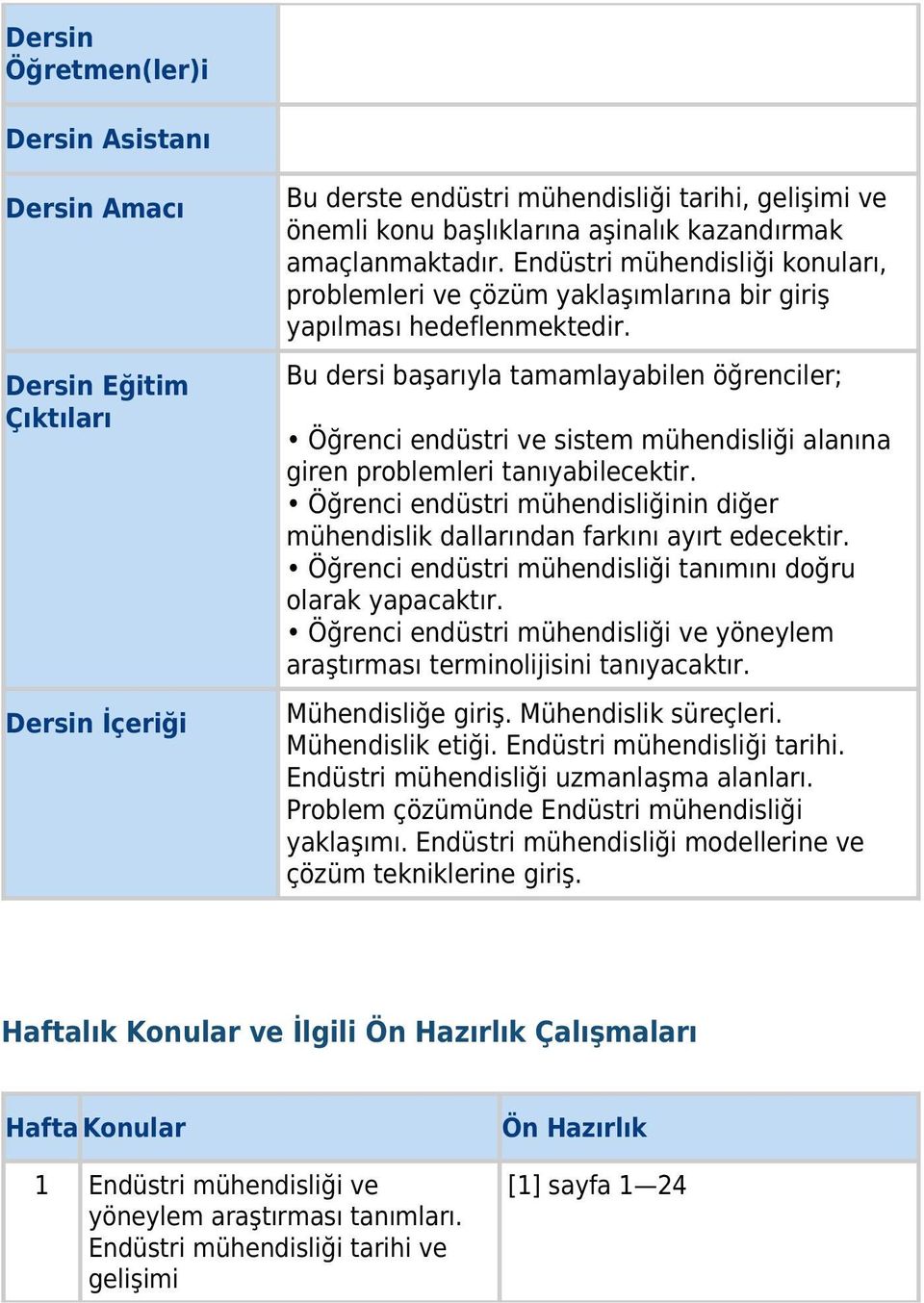 Bu dersi başarıyla tamamlayabilen öğrenciler; Öğrenci endüstri ve sistem mühendisliği alanına giren problemleri tanıyabilecektir.