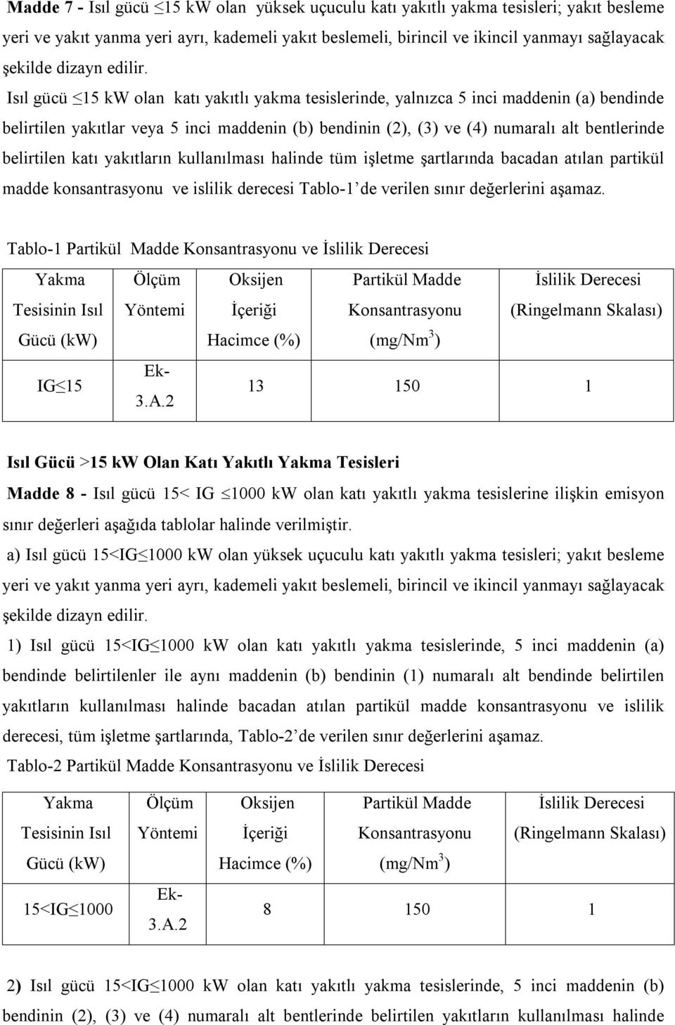 Isıl gücü 15 kw olan katı yakıtlı yakma tesislerinde, yalnızca 5 inci maddenin (a) bendinde belirtilen yakıtlar veya 5 inci maddenin (b) bendinin (2), (3) ve (4) numaralı alt bentlerinde belirtilen