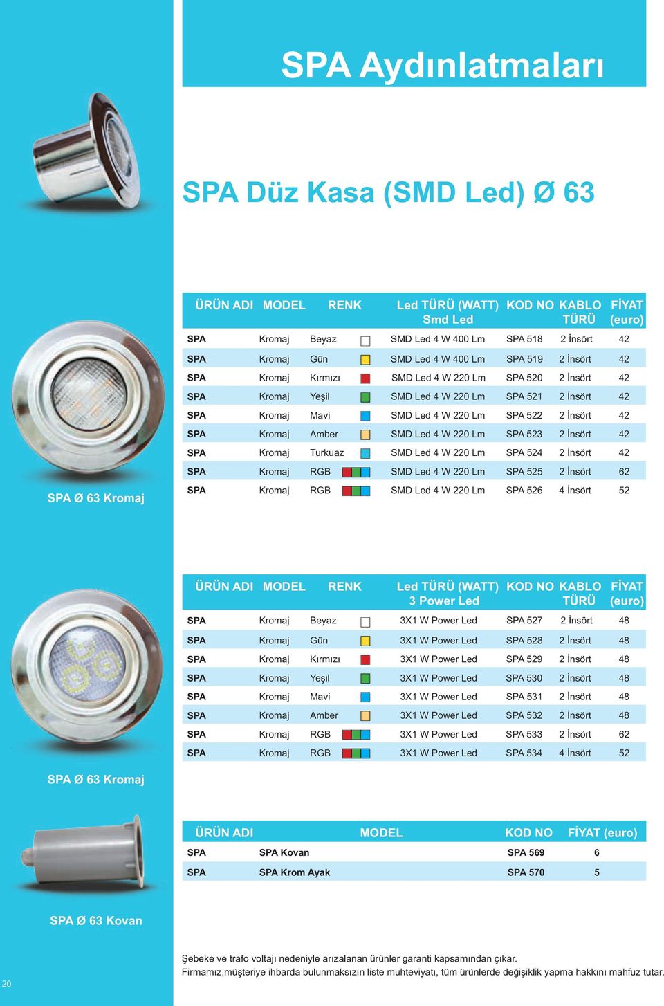 Lm SPA 523 2 İnsört 42 SPA Kromaj Turkuaz SMD Led 4 W 220 Lm SPA 524 2 İnsört 42 SPA Kromaj RGB SMD Led 4 W 220 Lm SPA 525 2 İnsört 62 SPA Ø 63 Kromaj SPA Kromaj RGB SMD Led 4 W 220 Lm SPA 526 4