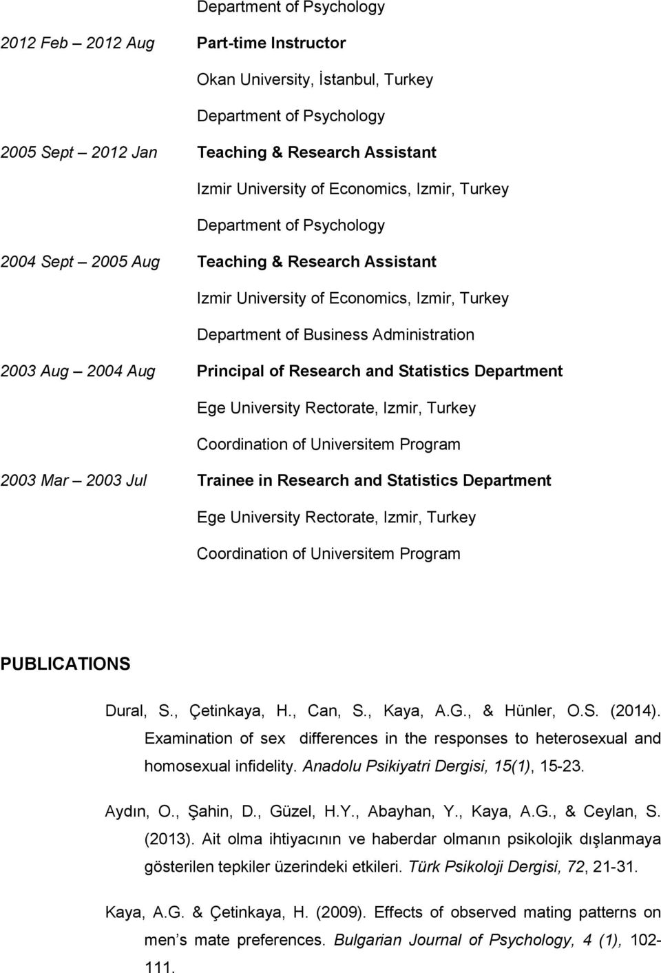 Izmir, Turkey 2003 Mar 2003 Jul Trainee in Research and Statistics Department Ege University Rectorate, Izmir, Turkey PUBLICATIONS Dural, S., Çetinkaya, H., Can, S., Kaya, A.G., & Hünler, O.S. (2014).