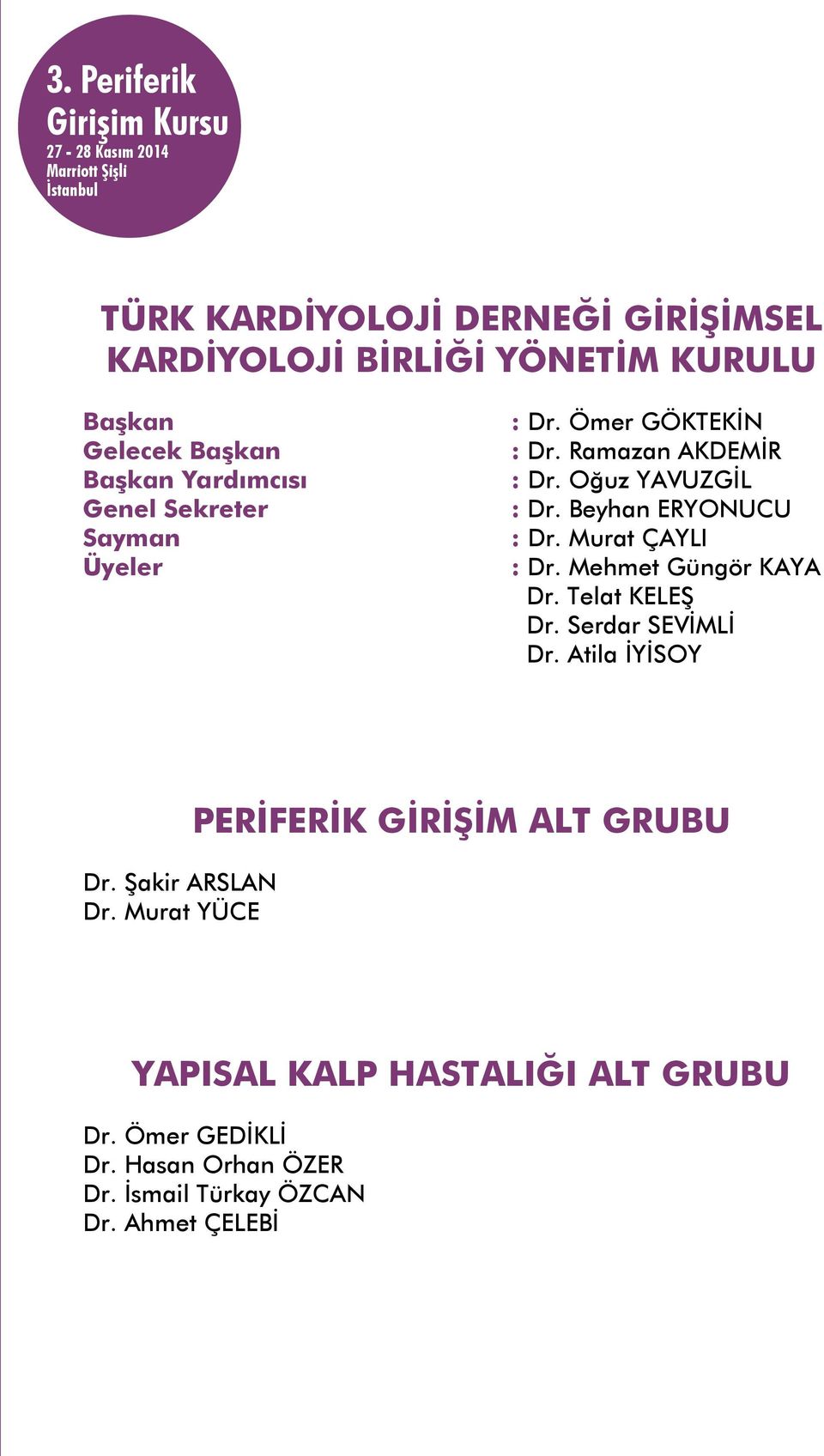 Murat ÇAYLI : Dr. Mehmet Güngör KAYA Dr. Telat KELEŞ Dr. Serdar SEVİMLİ Dr. Atila İYİSOY Dr. Şakir ARSLAN Dr.