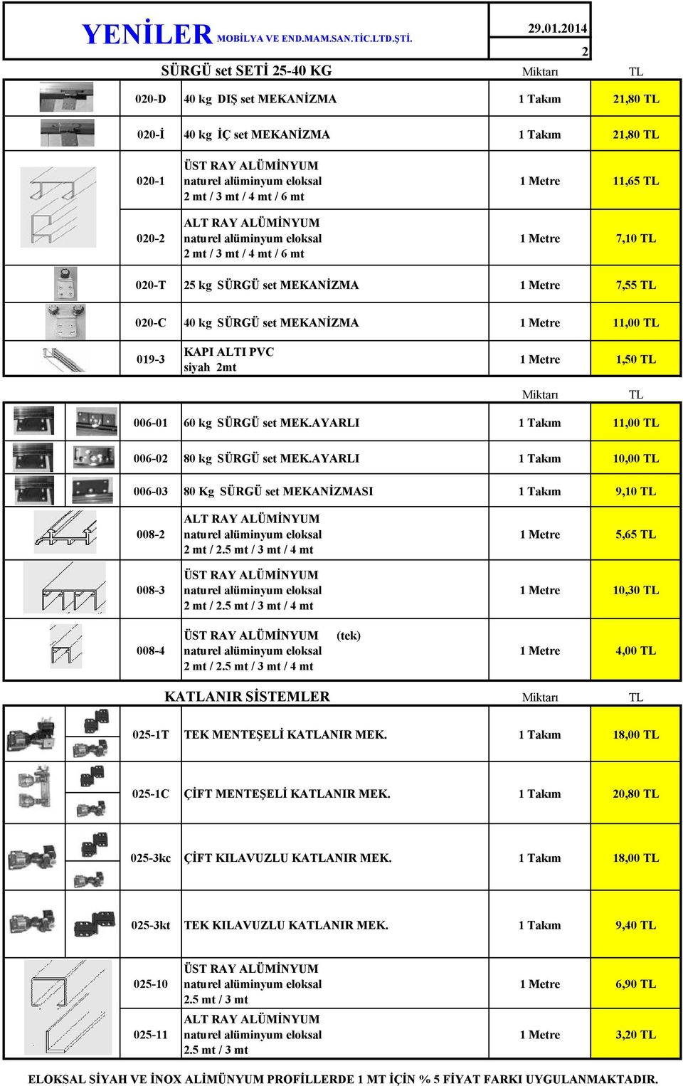 7,10 020-T 25 kg SÜRGÜ set MEKANİZMA 7,55 020-C 40 kg SÜRGÜ set MEKANİZMA 11,00 019-3 KAPI ALTI PVC siyah 2mt 1,50 006-01 60 kg SÜRGÜ set MEK.