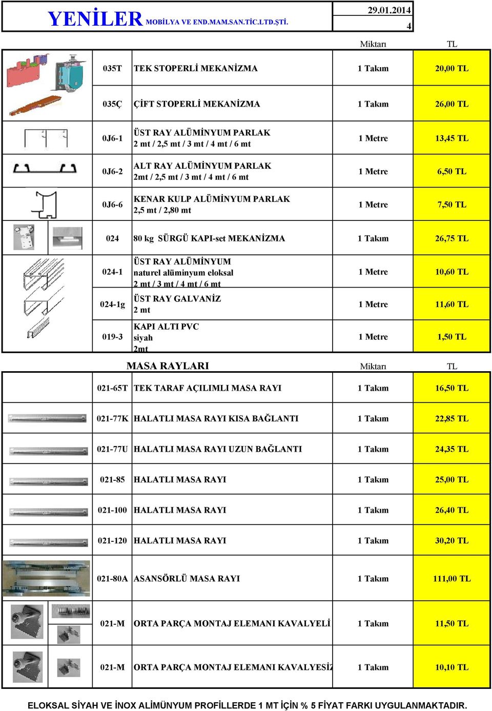 PARLAK 2,5 mt / 2,80 mt 7,50 024 80 kg SÜRGÜ KAPI-set MEKANİZMA 26,75 024-1 2 mt / 3 mt / 4 mt / 10,60 024-1g ÜST RAY GALVANİZ 2 mt 11,60 019-3 KAPI ALTI PVC siyah 2mt 1,50 MASA RAYLARI 021-65T