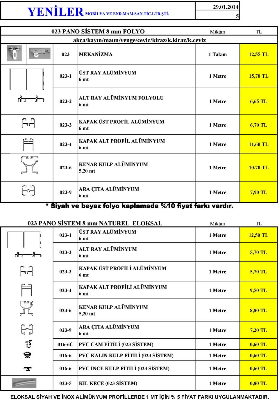 ceviz 023 MEKANİZMA 12,55 023-1 15,70 023-2 FOLYOLU 6,65 023-3 KAPAK ÜST PROFİL ALÜMİNYUM 6,70 023-4 KAPAK ALT PROFİL ALÜMİNYUM 11,60 023-6 KENAR KULP ALÜMİNYUM 5,20 mt 10,70 023-9 ARA