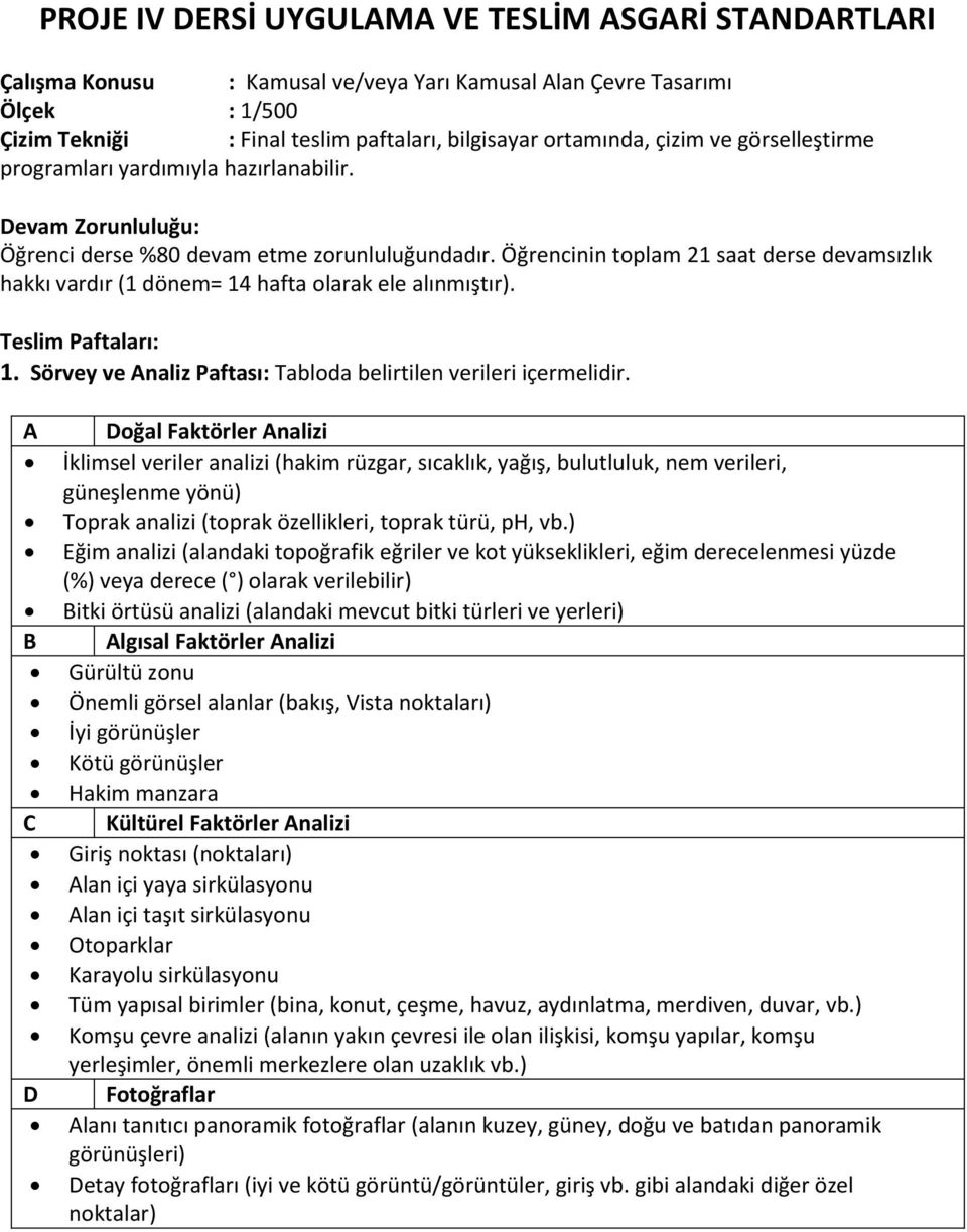 Öğrencinin toplam 21 saat derse devamsızlık hakkı vardır (1 dönem= 14 hafta olarak ele alınmıştır). Teslim Paftaları: 1. Sörvey ve Analiz Paftası: Tabloda belirtilen verileri içermelidir.