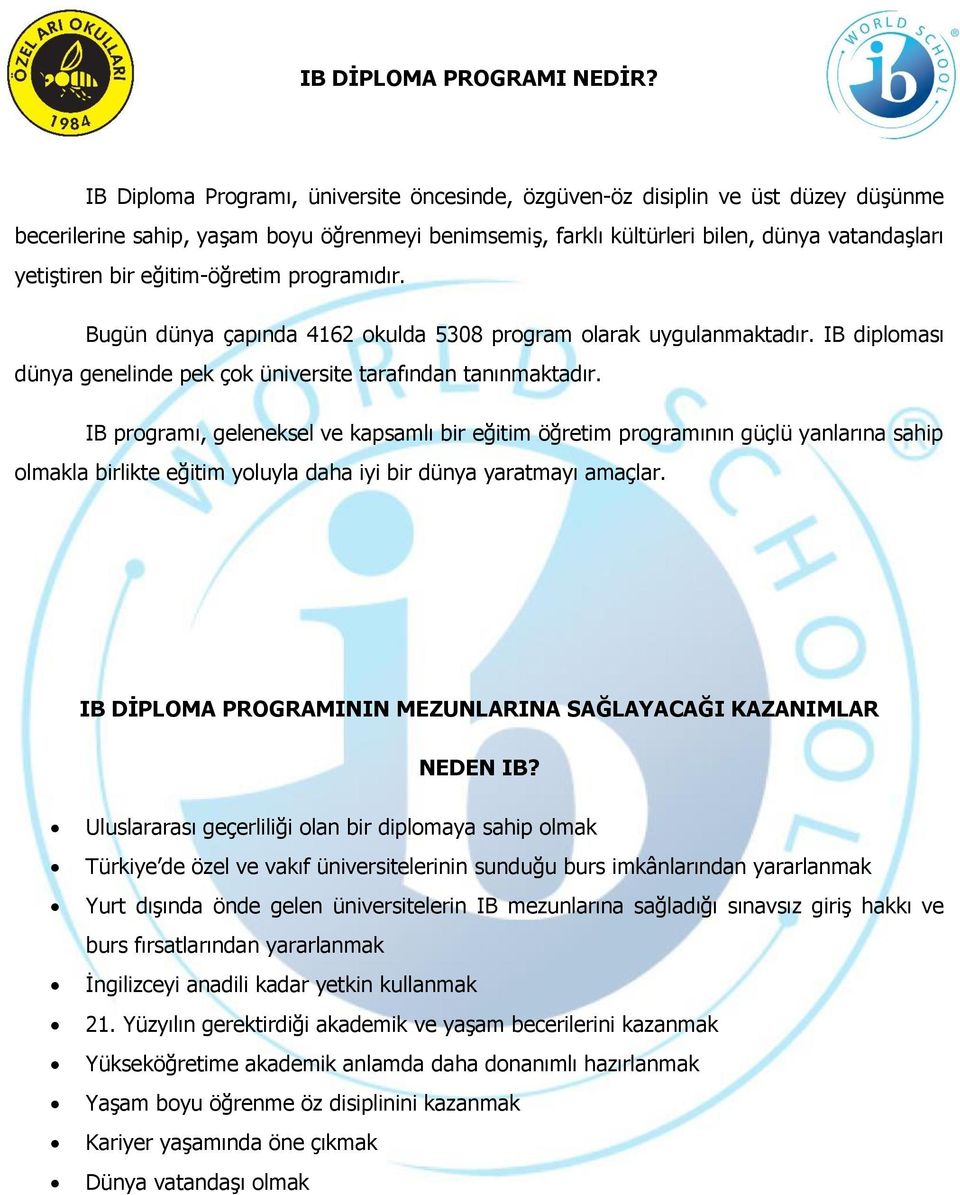 eğitim-öğretim programıdır. Bugün dünya çapında 4162 okulda 5308 program olarak uygulanmaktadır. IB diploması dünya genelinde pek çok üniversite tarafından tanınmaktadır.