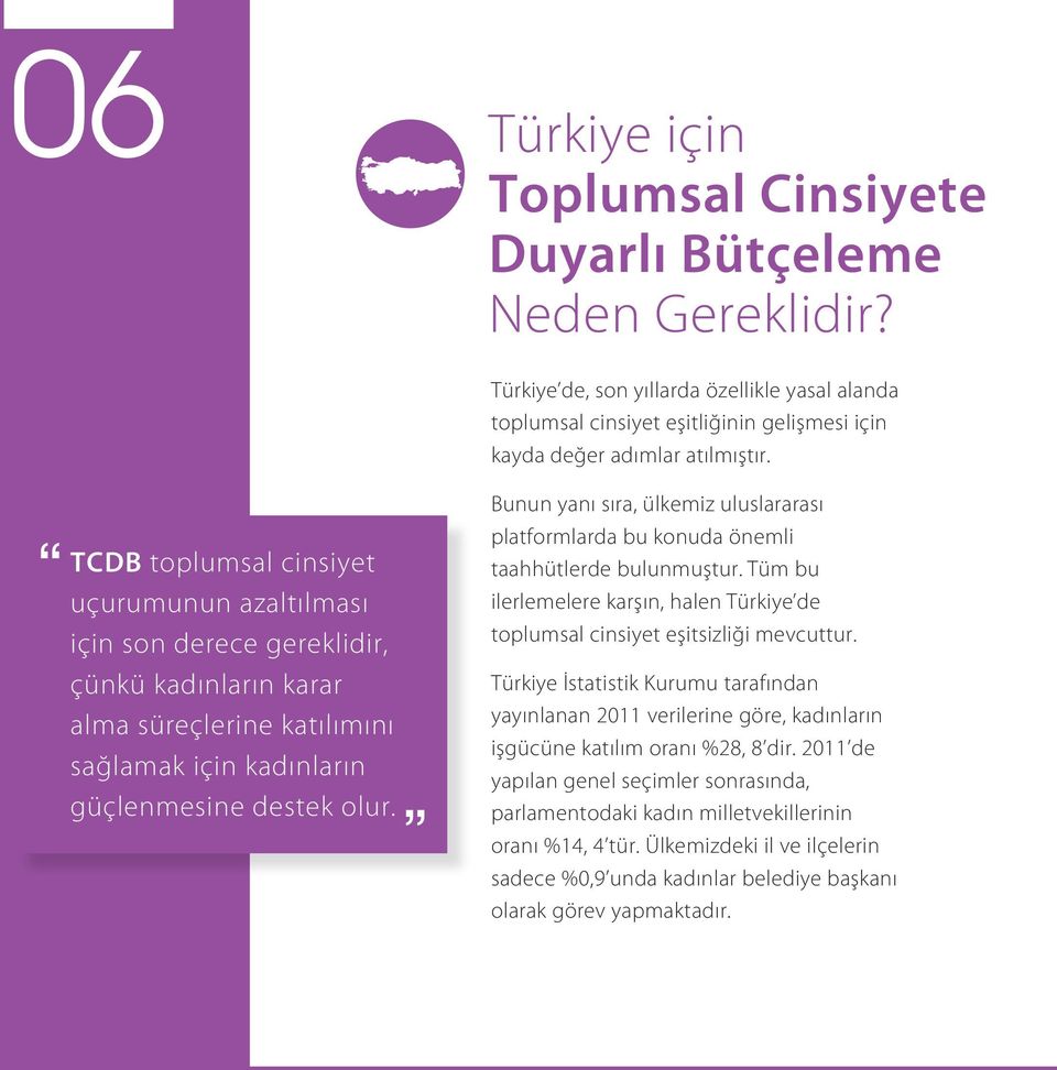 Bunun yanı sıra, ülkemiz uluslararası platformlarda bu konuda önemli taahhütlerde bulunmuştur. Tüm bu ilerlemelere karşın, halen Türkiye de toplumsal cinsiyet eşitsizliği mevcuttur.