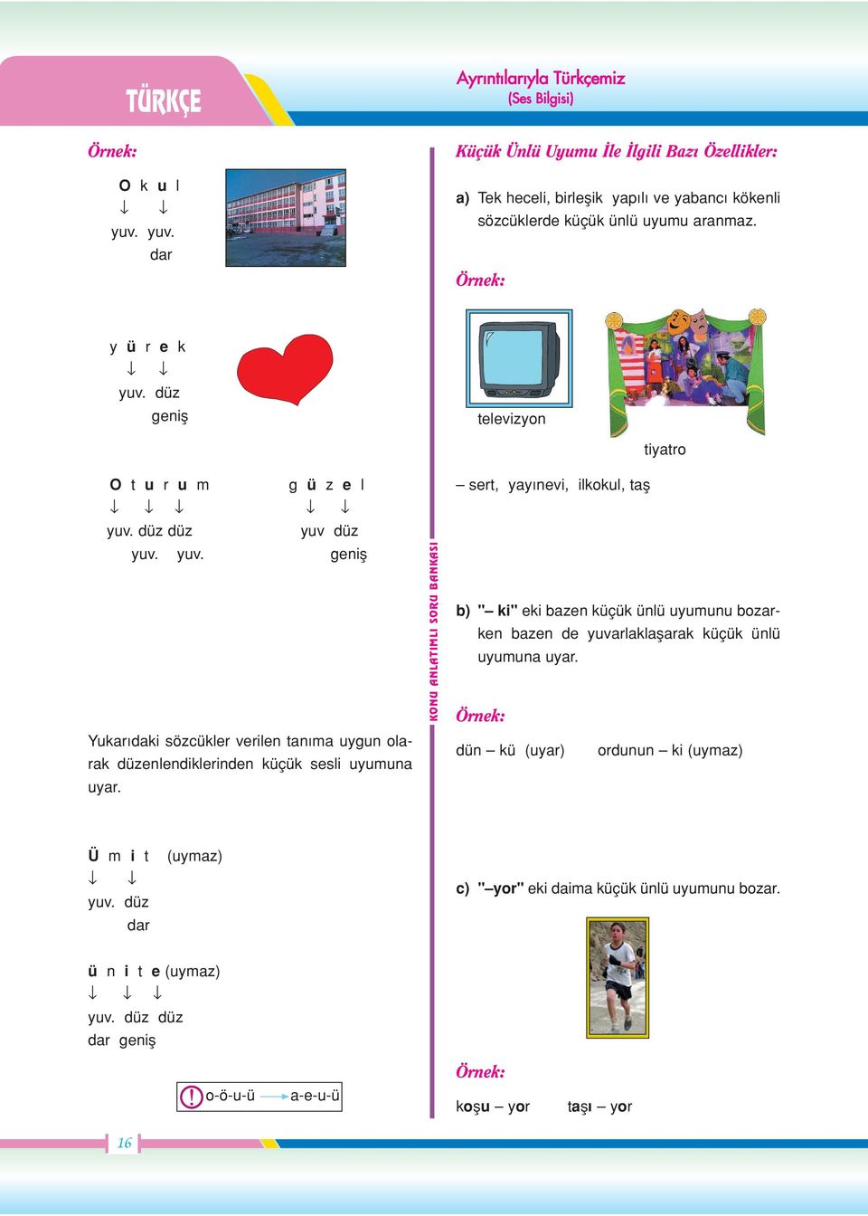 y ü r e k Ø Ø yuv. düz genifl televizyon O t u r u m g ü z e l Ø Ø yuv. düz düz yuv düz yuv. yuv. genifl Yukar daki sözcükler verilen tan ma uygun olarak düzenlendiklerinden küçük sesli uyumuna uyar.