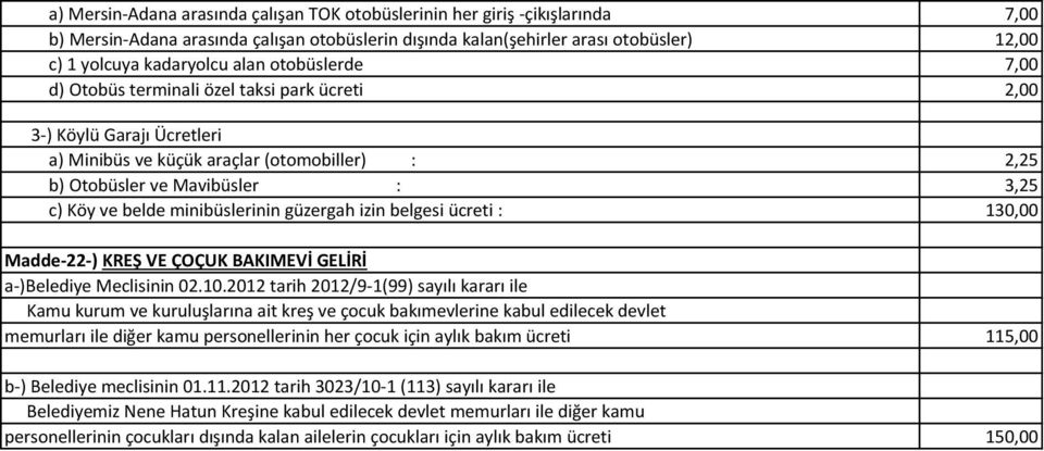 belgesi ücreti : Madde-22-) KREŞ VE ÇOÇUK BAKIMEVİ GELİRİ a-)belediye Meclisinin 02.10.