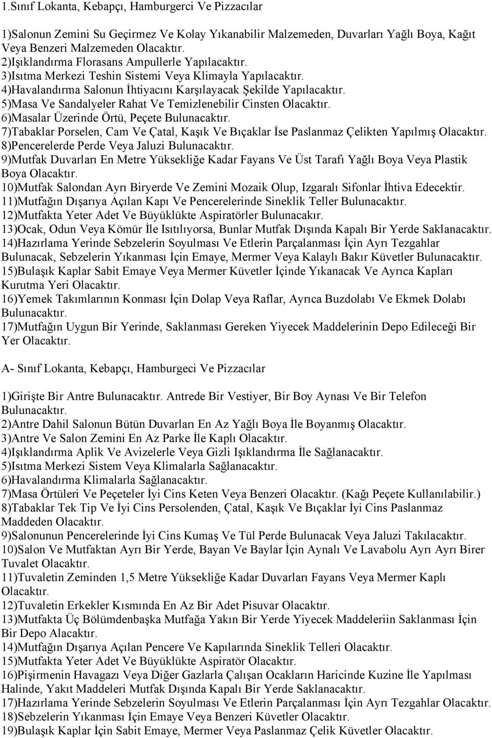 5)Masa Ve Sandalyeler Rahat Ve Temizlenebilir Cinsten 6)Masalar Üzerinde Örtü, Peçete Bulunacaktır.