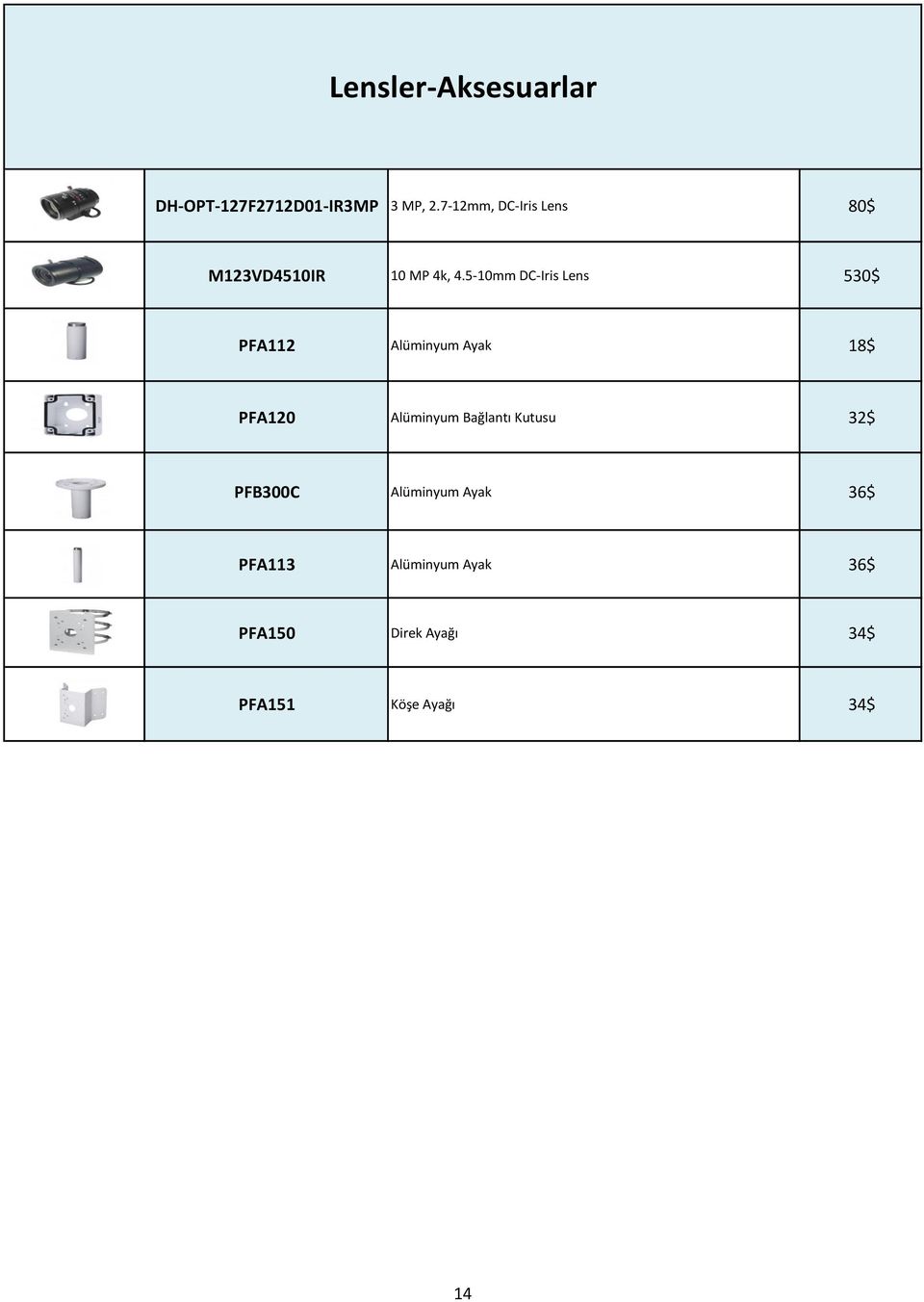 5-10mm DC-Iris Lens 530$ PFA112 Alüminyum Ayak 18$ PFA120 Alüminyum