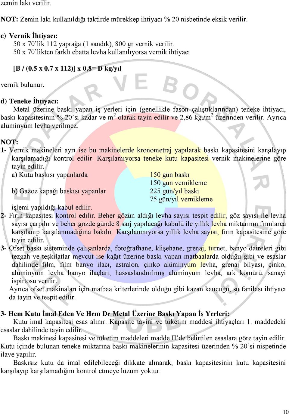 d) Teneke İhtiyacı: Metal üzerine baskı yapan iş yerleri için (genellikle fason çalıştıklarından) teneke ihtiyacı, baskı kapasitesinin % 20 si kadar ve m 2 olarak tayin edilir ve 2,86 kg.