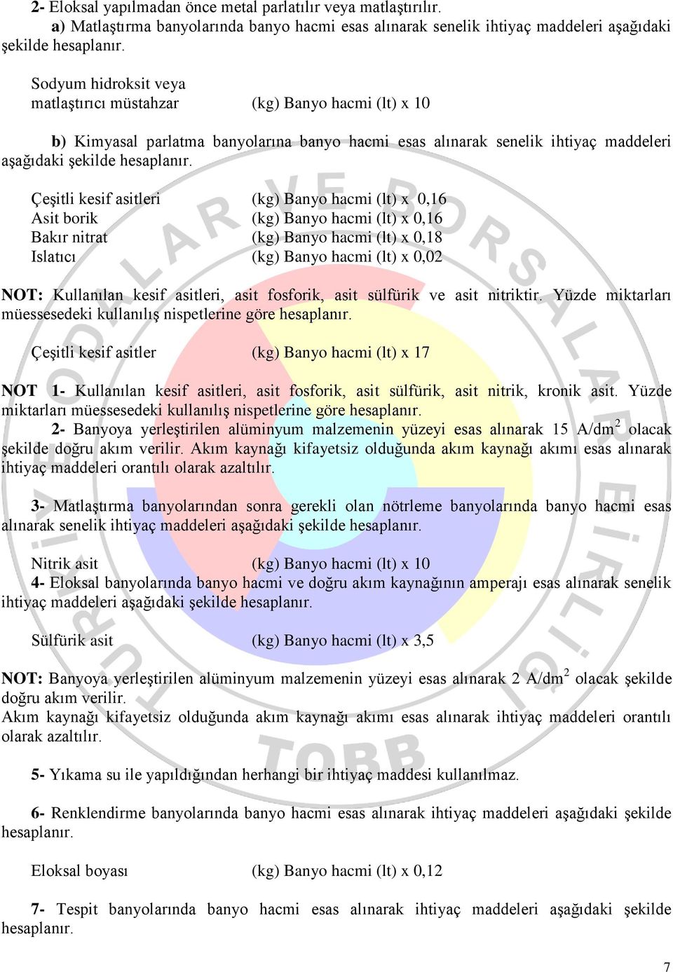 Çeşitli kesif asitleri (kg) Banyo hacmi (lt) x 0,16 Asit borik (kg) Banyo hacmi (lt) x 0,16 Bakır nitrat (kg) Banyo hacmi (lt) x 0,18 Islatıcı (kg) Banyo hacmi (lt) x 0,02 NOT: Kullanılan kesif