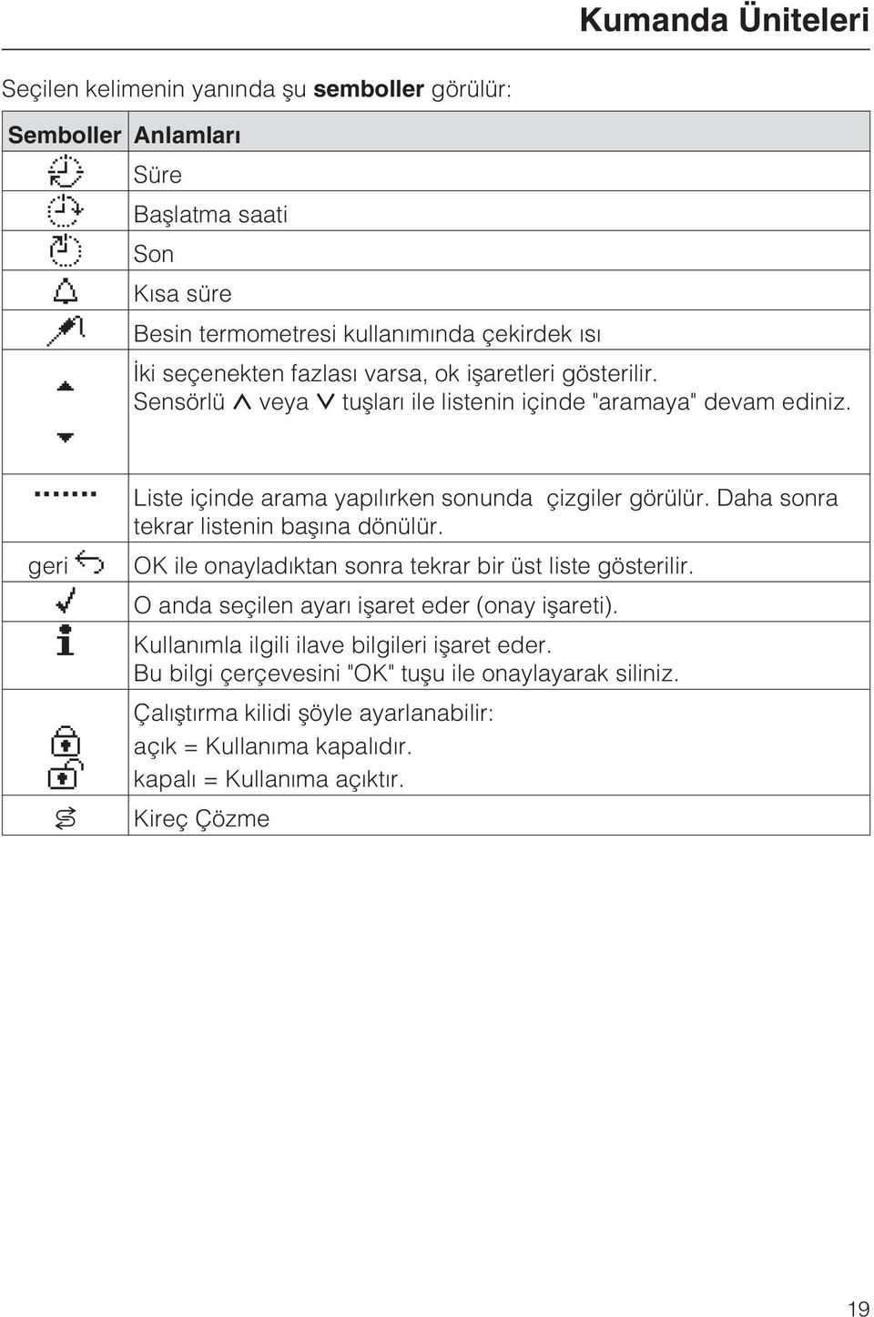 Daha sonra tekrar listenin baþýna dönülür. OK ile onayladýktan sonra tekrar bir üst liste gösterilir. O anda seçilen ayarý iþaret eder (onay iþareti).