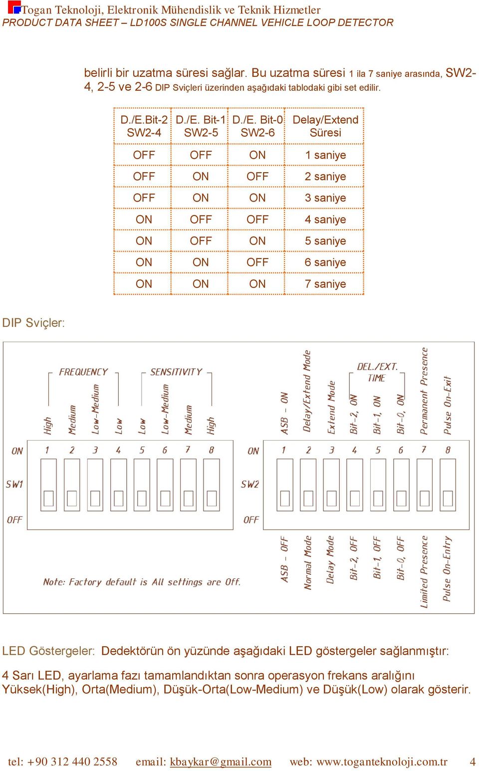 ON ON ON 7 saniye DIP Sviçler: LED Göstergeler: Dedektörün ön yüzünde aşağıdaki LED göstergeler sağlanmıştır: 4 Sarı LED, ayarlama fazı tamamlandıktan sonra operasyon