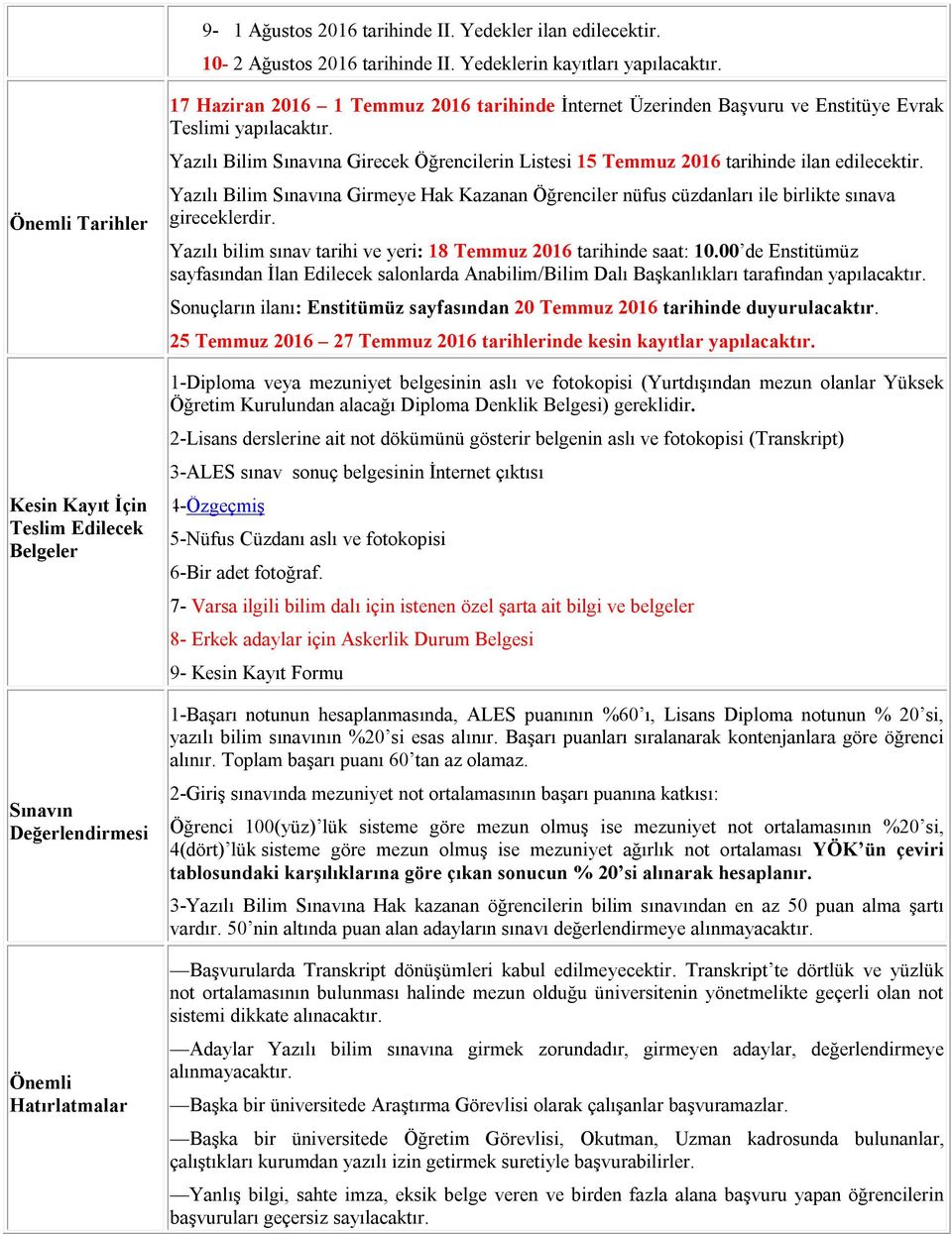 yapılacaktır. Yazılı Bilim Sınavına Girecek Öğrencilerin Listesi 15 Temmuz 2016 tarihinde ilan edilecektir.