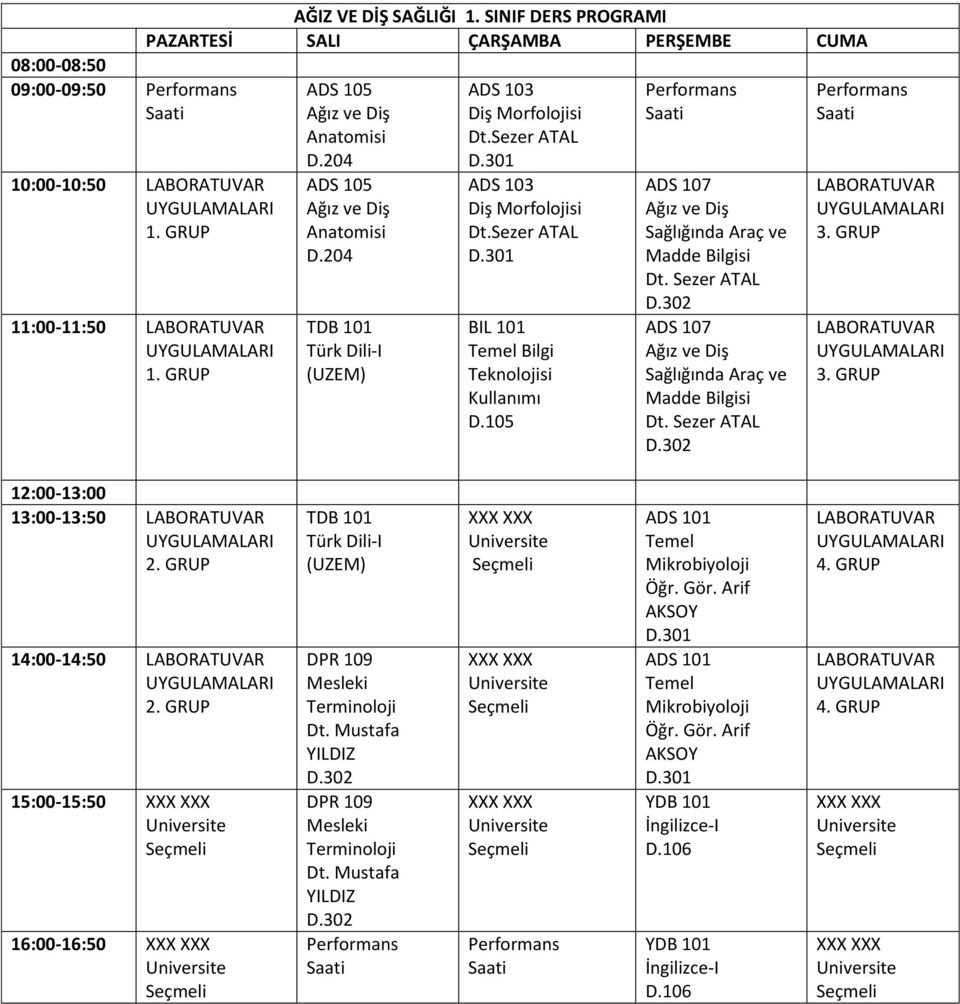 Sezer ATAL D.302 ADS 107 Ağız ve Diş Sağlığında Araç ve Madde Bilgisi Dt. Sezer ATAL D.302 LABORATUVAR UYGULAMALARI 3. GRUP LABORATUVAR UYGULAMALARI 3. GRUP 13:00-13:50 LABORATUVAR UYGULAMALARI 2.