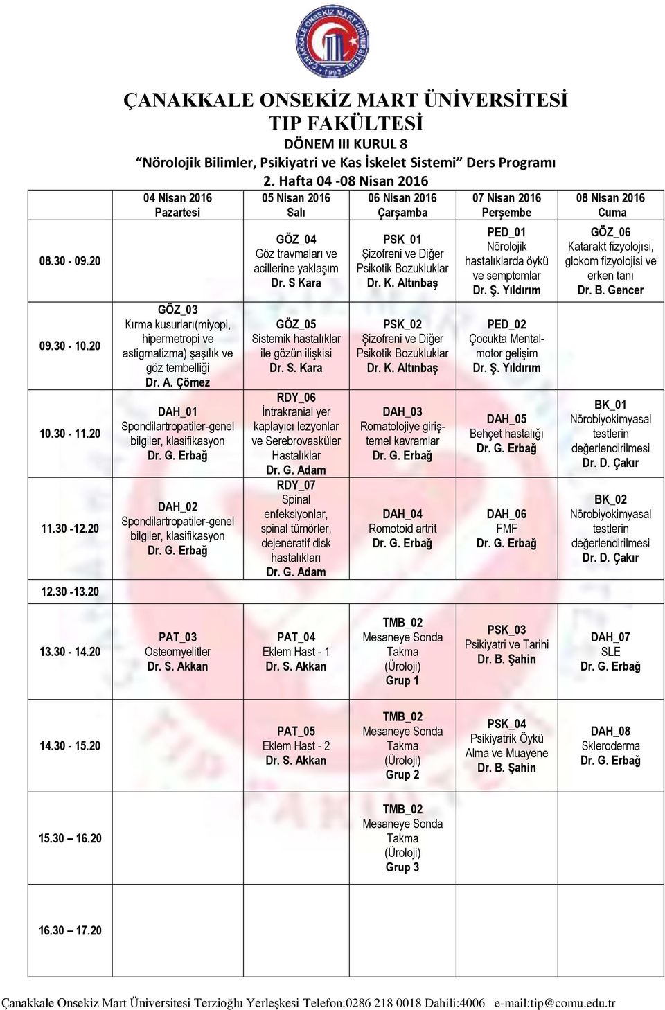 S Kara GÖZ_05 Sistemik hastalıklar ile gözün ilişkisi Dr. S. Kara RDY_06 İntrakranial yer kaplayıcı lezyonlar ve Serebrovasküler Hastalıklar Dr. G. Adam RDY_07 Spinal enfeksiyonlar, spinal tümörler, dejeneratif disk hastalıkları Dr.