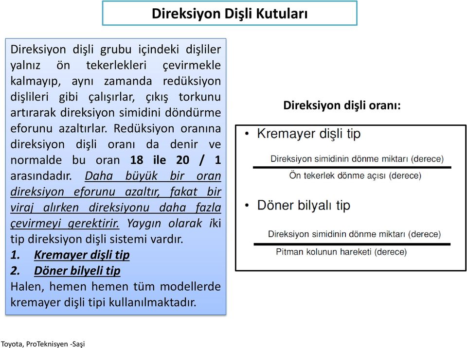 Daha büyük bir oran direksiyon eforunu azaltır, fakat bir viraj alırken direksiyonu daha fazla çevirmeyi gerektirir.