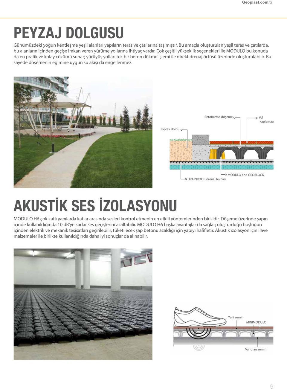 Çok çeşitli yükseklik seçenekleri ile MODULO bu konuda da en pratik ve kolay çözümü sunar; yürüyüş yolları tek bir beton dökme işlemi ile direkt drenaj örtüsü üzerinde oluşturulabilir.