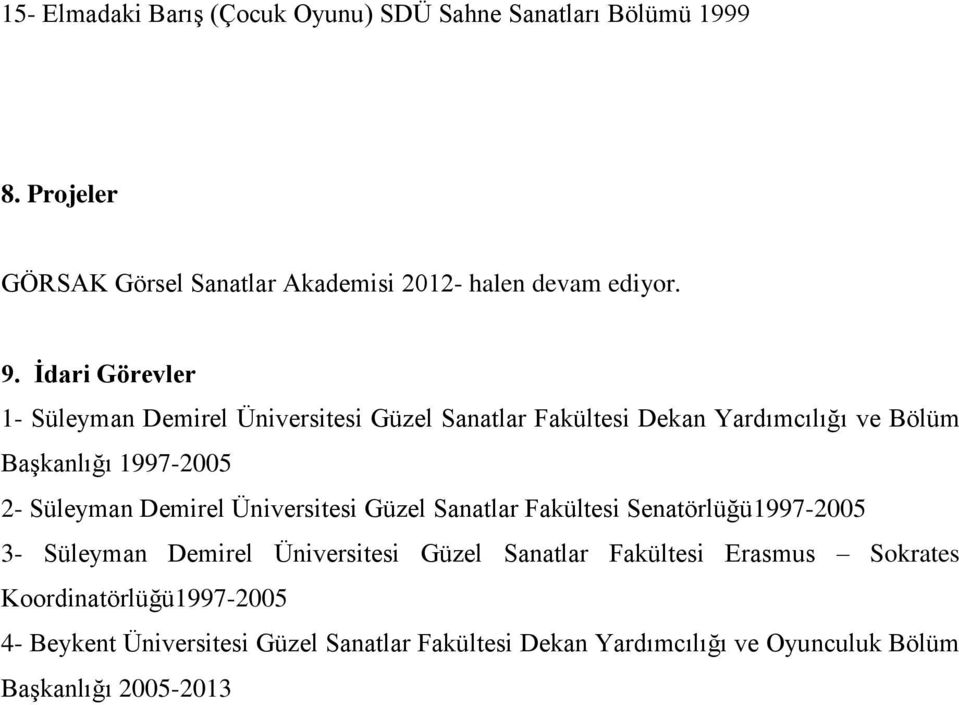 Demirel Üniversitesi Güzel Sanatlar Fakültesi Senatörlüğü1997-2005 3- Süleyman Demirel Üniversitesi Güzel Sanatlar Fakültesi Erasmus