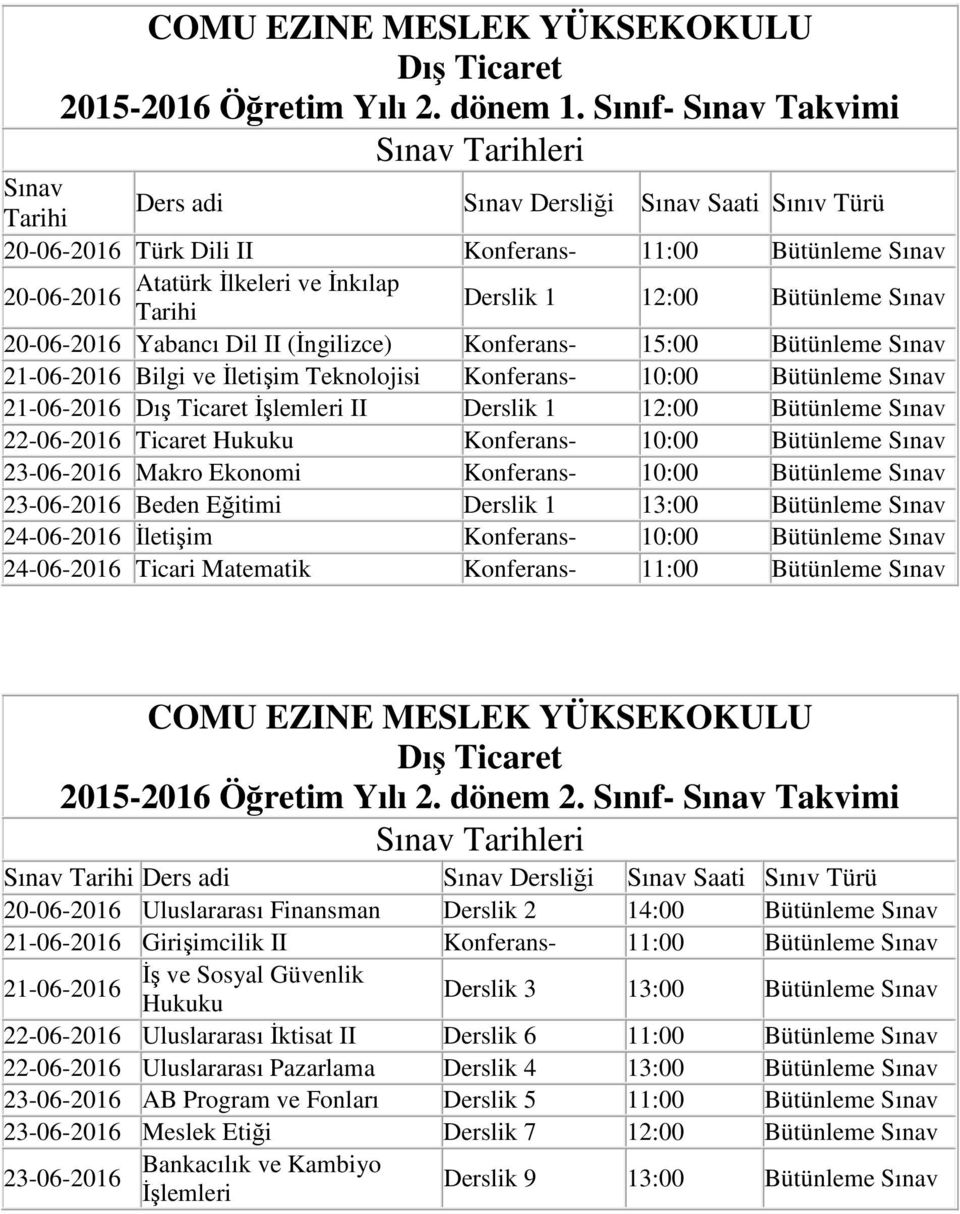 İletişim Teknolojisi Konferans- 10:00 21-06-2016 Dış Ticaret İşlemleri II Derslik 1 12:00 Ticaret Hukuku Konferans- 10:00 Makro Ekonomi Konferans- 10:00 Beden Eğitimi Derslik 1 13:00 24-06-2016